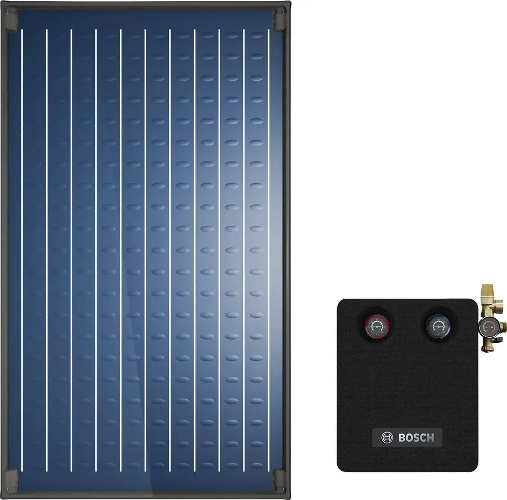 Solarthermie-Kollektor mit glatter, blauer Fläche und darin integrierten Rohren. Rechts eine schwarze Anschlussbox mit Druckanzeigen. Markenzeichen ist "Bosch".
